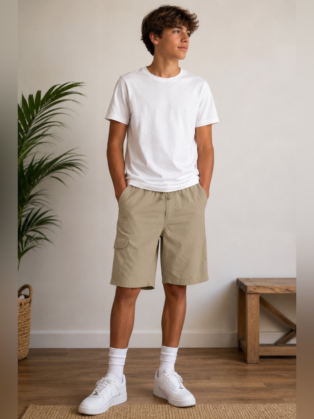 IZOD Youth 16 Beige Elastic Waist Cargo Shorts 4 Pockets Faux Fly